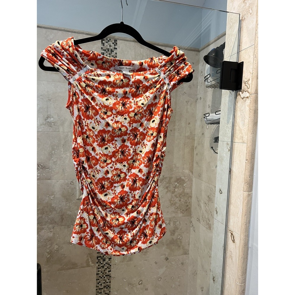 White House Black Market Womens Off Shoulder Knit Top XS Orange Floral Ruched